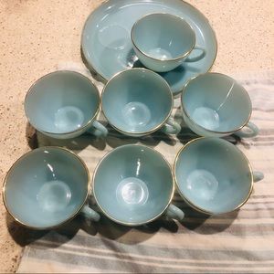 7 Fire King Turquoise T cups & 1 luncheon plate.